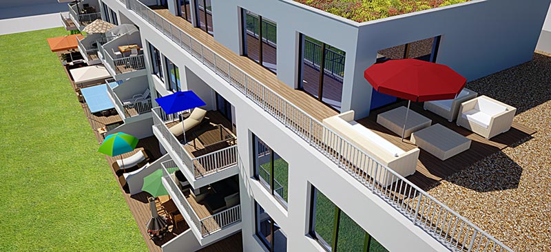 Ansicht Süd / Balkone und Terasse